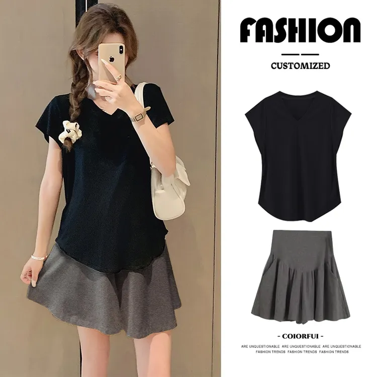 孕妇装妈服春夏季女2025新款爆款洋气短袖t恤上衣短裤裙两件套装