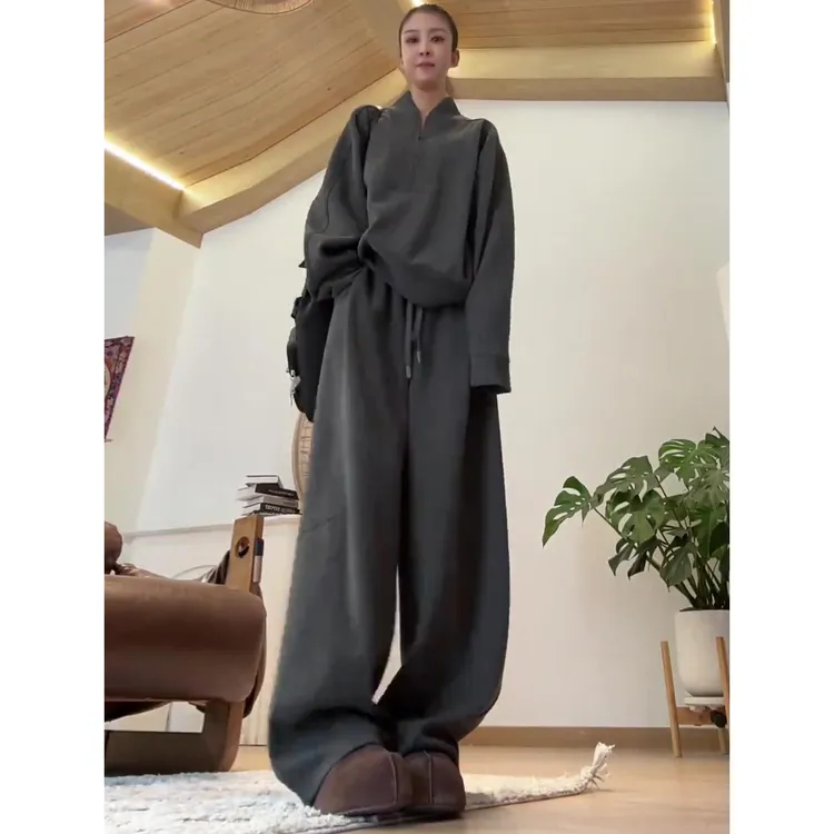 欧货灰色休闲运动套装女秋季2025新款宽松慵懒风卫衣阔腿裤两件套