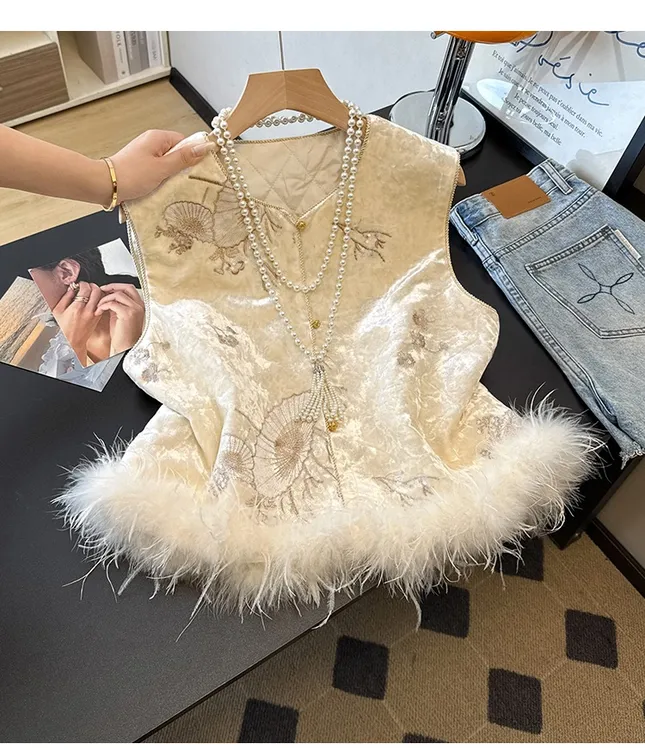 【加棉加厚！毛毛可拆卸】新中式刺绣绣花马甲国风拼接鸵鸟毛马夹