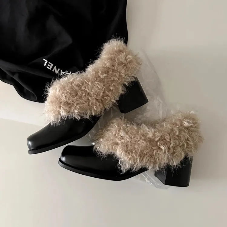 加绒玛丽珍毛毛鞋一脚蹬复古加绒保暖小皮鞋棉鞋粗跟单鞋百搭时尚