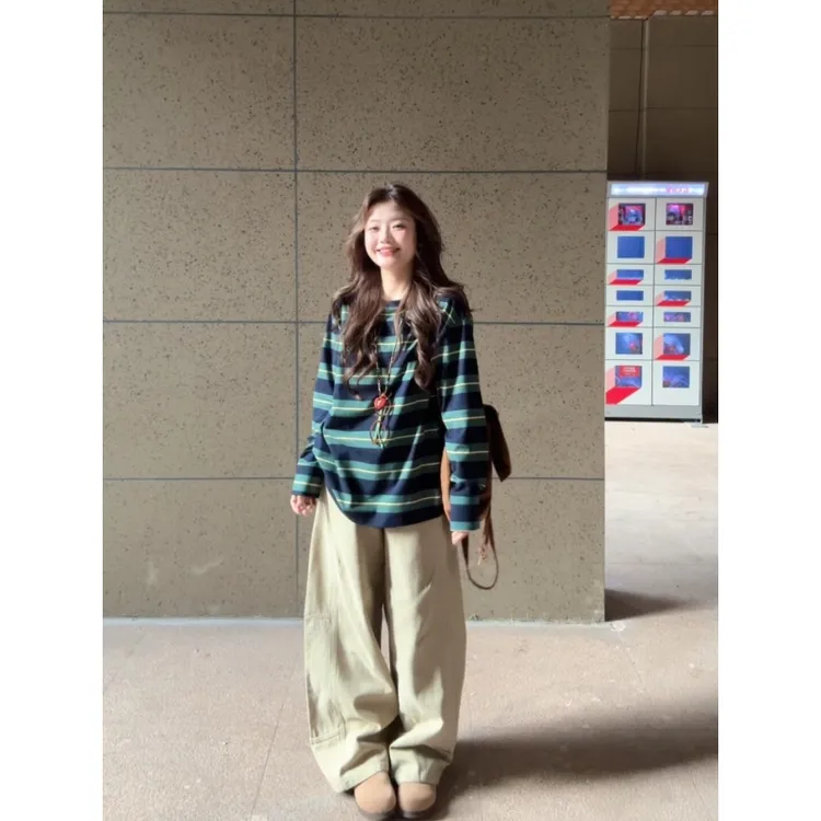 MARIE.COCO早秋新款慵懒松弛感撞色条纹T恤上衣休闲阔腿裤两件套