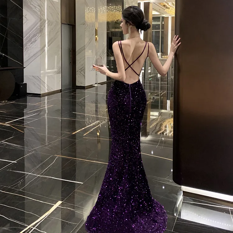 高端精致露背连衣裙高级感名媛紫色拖尾长裙子婚纱晨袍晚宴会礼服