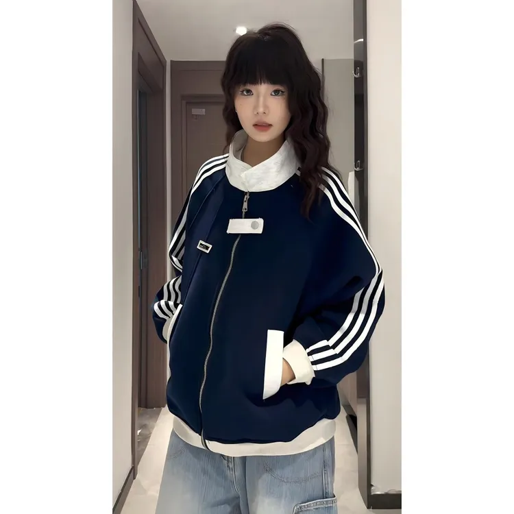 藏青色撞色拼接卫衣男女秋季设计感立领棒球服美式重磅休闲风夹克