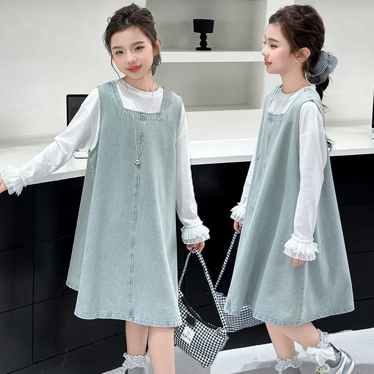 女童套装春秋新款中大童牛仔连衣裙打底衫两件套女孩春季韩版衣服
