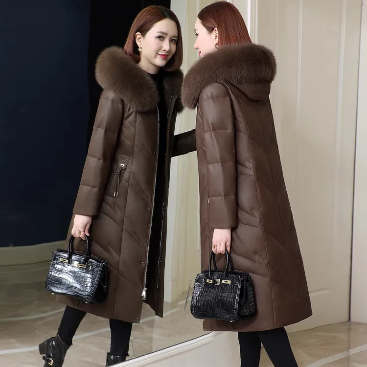   海宁真皮羽绒服女新款冬中老年妈妈绵羊皮外套中长款皮衣