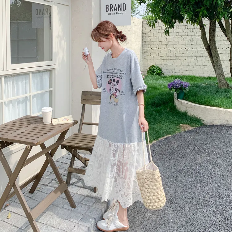韩系松弛感穿搭连衣裙女2025夏季新款气质显瘦T恤拼接蕾丝鱼尾裙