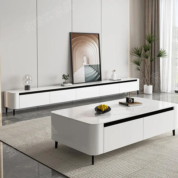 实木极简岩板茶几电视柜组合套装白色现代轻奢客厅意式电视柜地柜