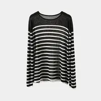 黑白条纹长袖针织衫女圆领宽松显瘦时尚百搭上衣薄款-TSS7067