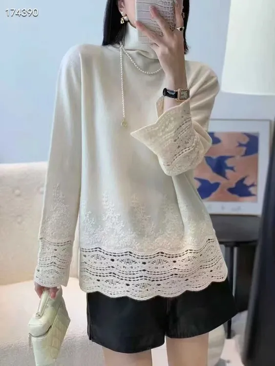 高领-镂空刺绣针织羊绒宽松显瘦气质百搭晚宴场合女装出游服装仙