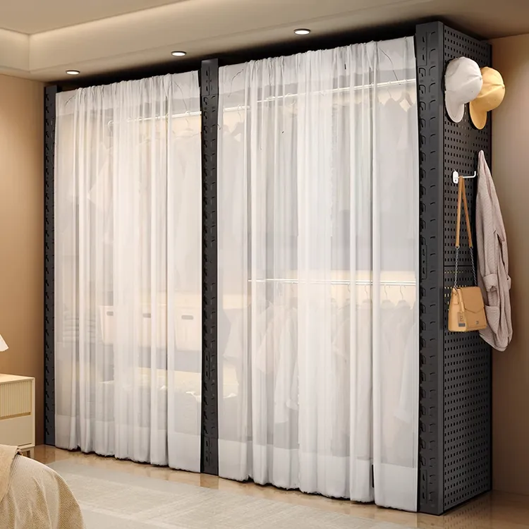 货架衣柜家用卧室出租房衣物收纳简易组装落地洞洞板金属角钢衣架