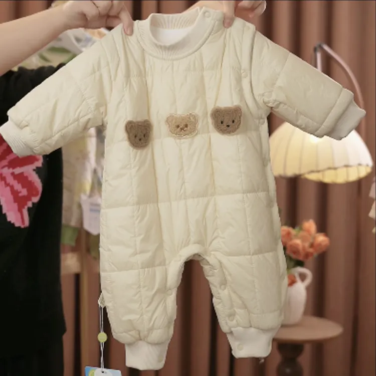 婴幼儿秋冬薄棉服三只熊偏开连体衣宝宝哈衣爬服外出服