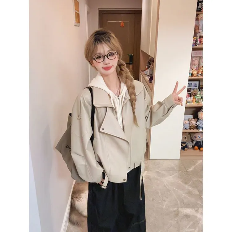 韩系酷飒风pu皮衣外套女2025秋季新款爆款复古机车翻领皮夹克上衣
