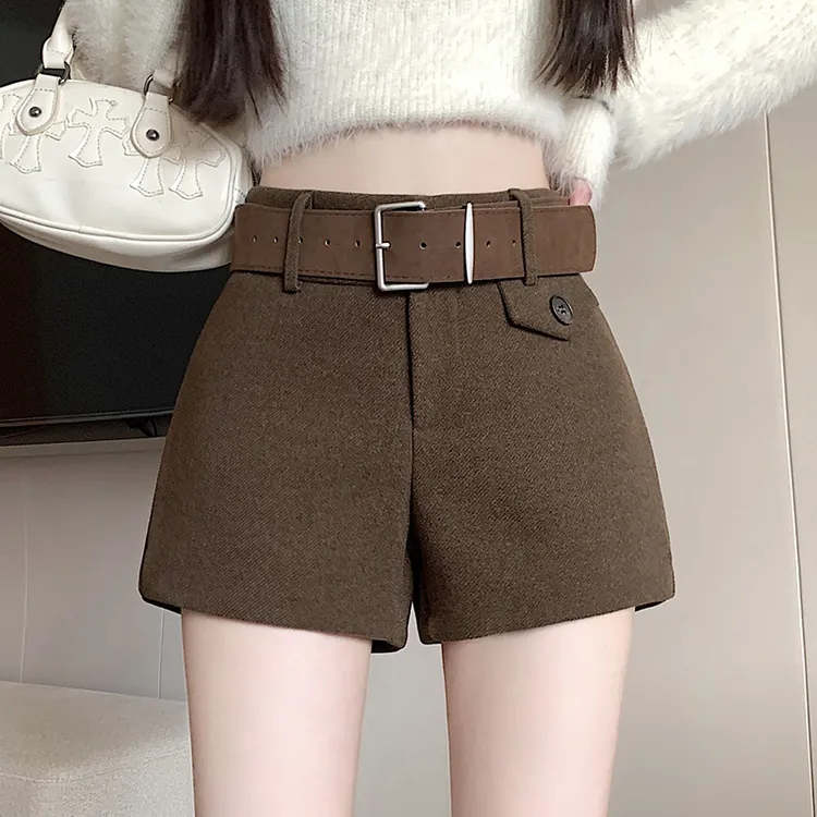 美式辣妹百搭毛呢短裤女冬季新款修身显瘦外穿休闲裤辣妹靴裤子