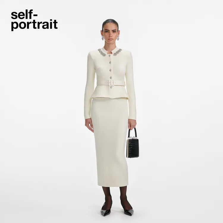 self-portrait 2025秋冬新款白气质钻饰假两件针织连衣裙