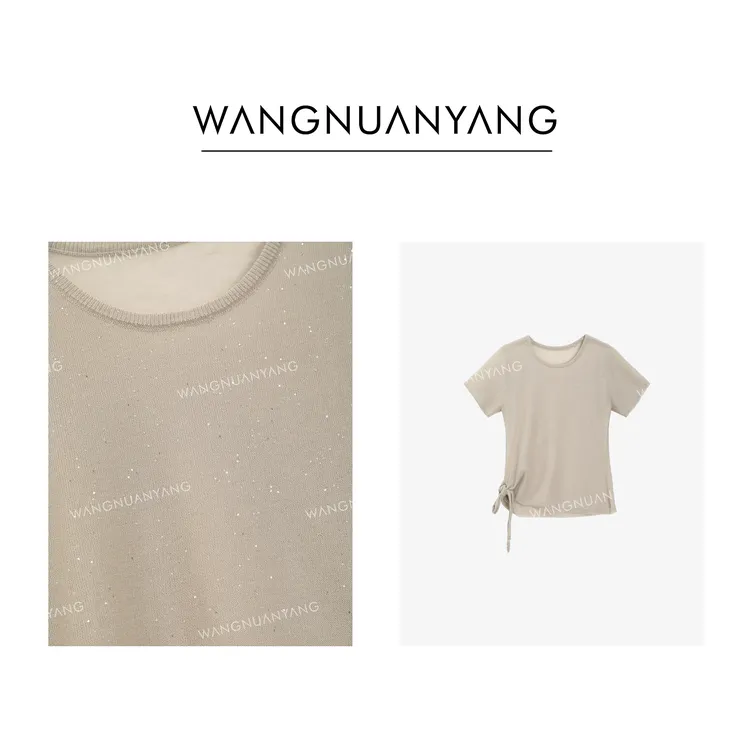 【王暖阳】精致镂空T|夏季重磅珠片细闪绑带收腰镂空针织上衣Q