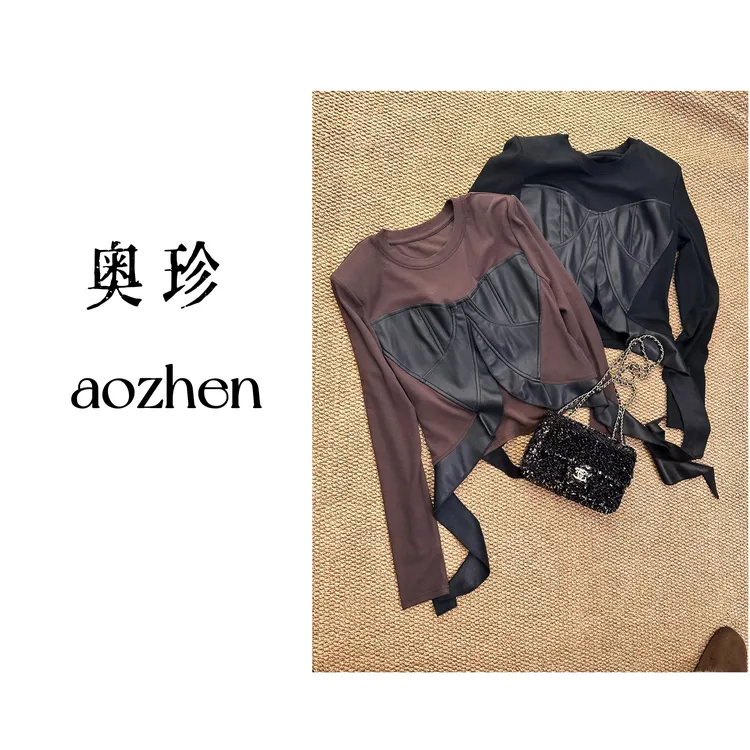 【莉莉安】设计感时尚洋气显瘦百搭蛋白皮拼接长袖上衣