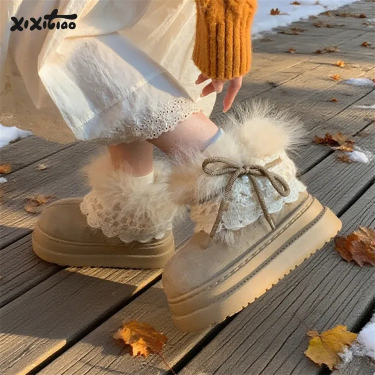 细细条 加绒东北短靴新款创意百搭增高户外费尔岛毛毛雪地靴女冬