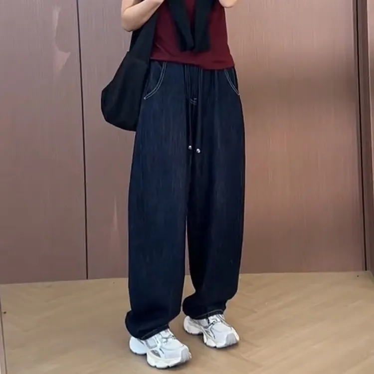 直筒牛仔裤女显瘦弯刀裤秋大码香蕉裤梨型身材宽松遮胯阔腿拖地裤