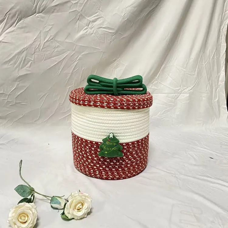 可爱圣诞桌面礼物盒棉线收纳筐撞色装零食化妆品蝴蝶结圣诞树