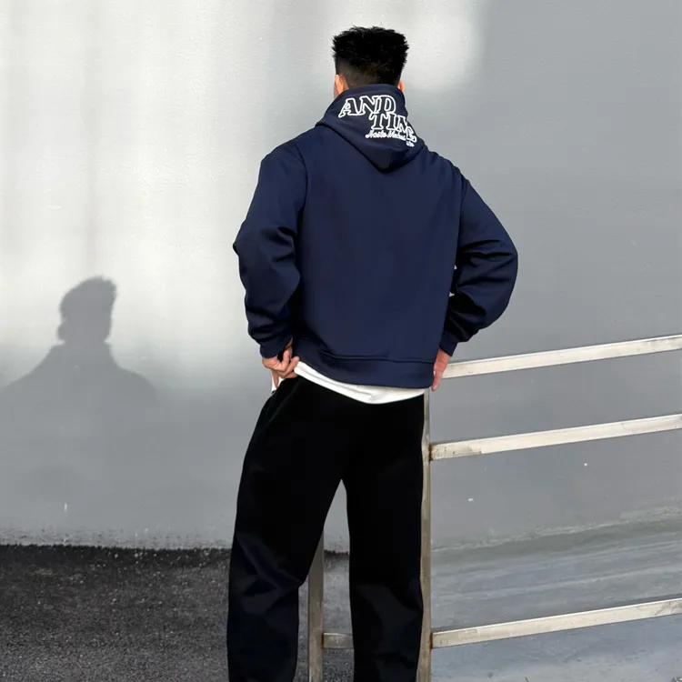 andtime美式刺绣明线撞色拉链连帽开衫卫衣潮宽松廓形空气层外套