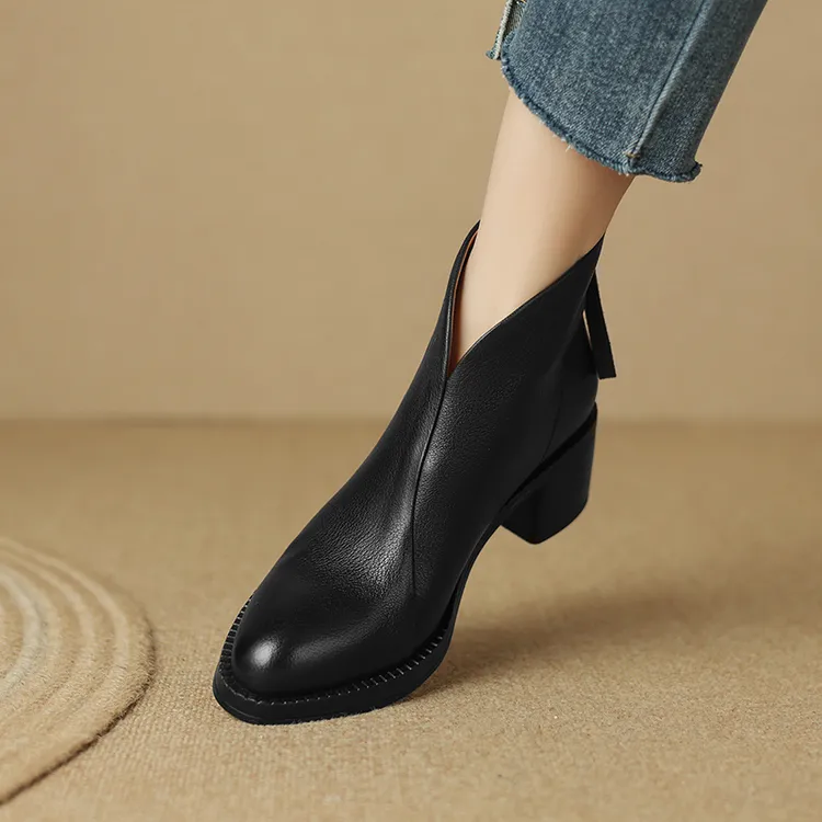 头层牛皮/跟高5cm/34-40法式复古短靴粗跟好走路加绒靴子马丁靴