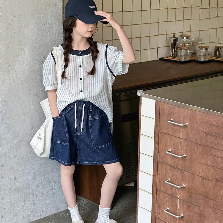女大童牛仔短裤套装女童夏季短袖衬衫两件套2025新款12-15岁儿童