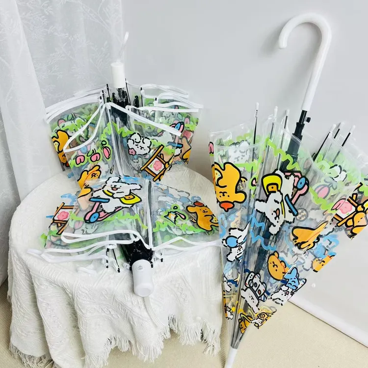 线条小狗折叠全自动雨伞可爱卡通透明长柄加大加厚学生儿童雨伞