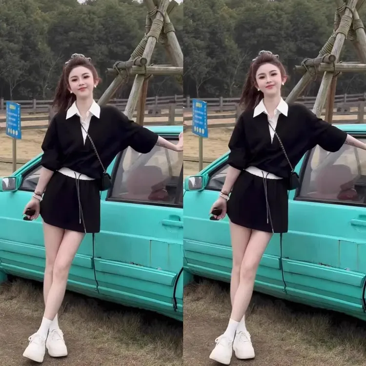 休闲连衣裙套装女2025春季新款洋气拼色卫衣学院风减龄两件套裙子