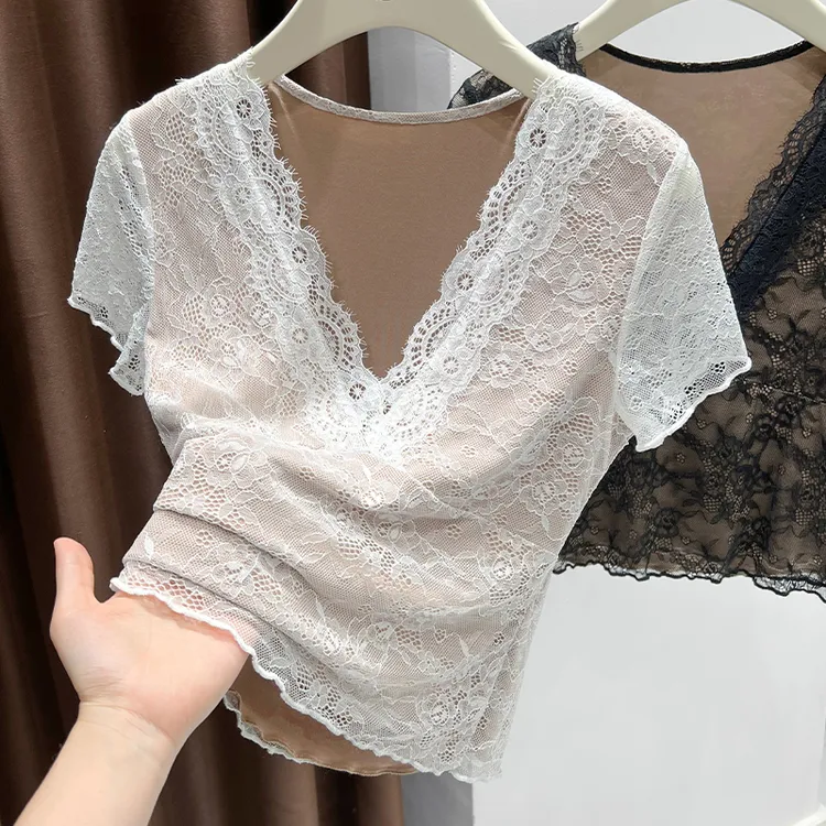 白色蕾丝短袖T恤打底衫女新款时尚百搭高级感花边V领网纱修身上衣