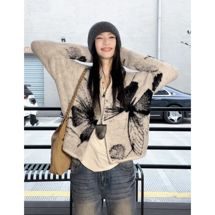 美式复古蝴蝶提花圆领毛衣开衫女秋冬季小众设计感双拉链针织外套
