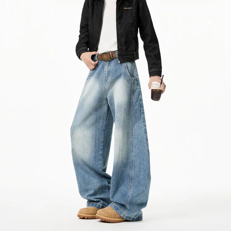 2025春季新款美式高街复古水洗宽松弯刀阔腿牛仔裤男设计感高腰