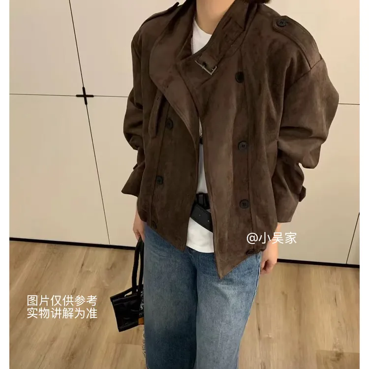「小吴家」复古双排扣翻领短款外套女2025秋立领百搭显瘦麂皮绒夹克