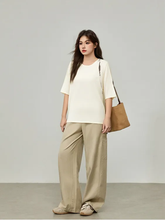 大码女装休闲百搭圆领短袖上衣2025秋季新款胖mm宽松针织衫