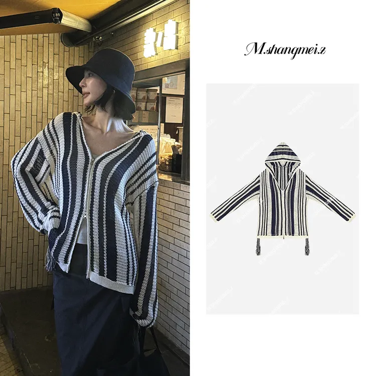 M.SHANGMEI.Z/沐熙【千捻纱】美大哥洋气设计条纹带帽上衣X05M1885