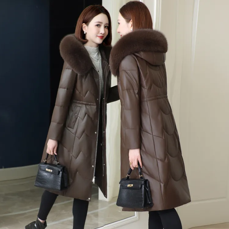 真皮羽绒服女中长款2025冬季新款狐狸毛领绵羊皮海宁皮衣皮草外套