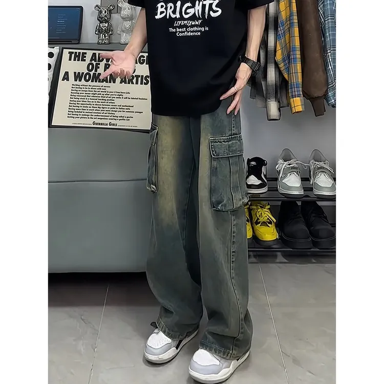 cleanfit复古蓝工装牛仔裤男秋季美式高街vibe裤子宽松直筒阔腿裤