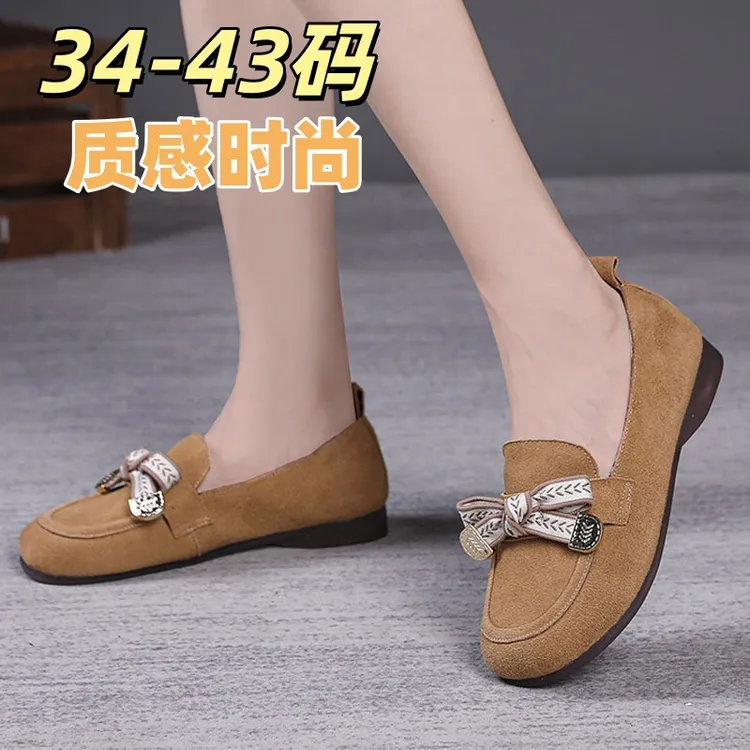 2025秋季新款磨砂牛皮蝴蝶结豆豆鞋34号勃肯单鞋大码女鞋41-42-43