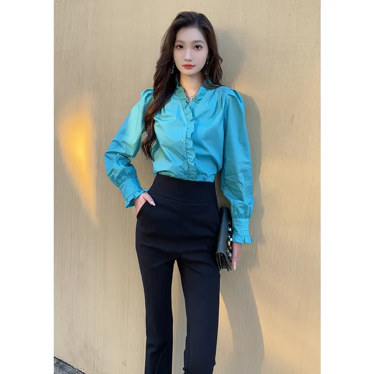 格润雅时尚减龄气质长袖衬衫女2025新款显高显瘦黑色高腰微喇叭裤