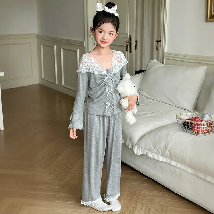 女童莫代尔睡衣春秋薄款中大童洋气公主蕾丝甜美家居服长袖套装