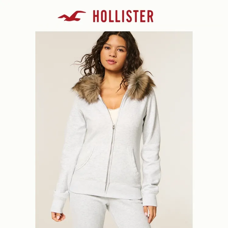Hollister25秋冬新款美式辣妹抓绒毛领连帽卫衣外套女装352-5236