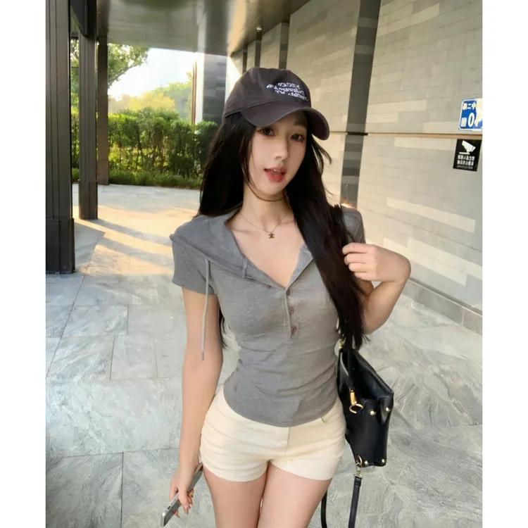 美式辣妹显身材半开扣连帽T恤女款新款收腰夏季短袖上衣女26064商品图
