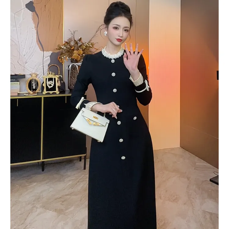 【玛德琳千金】赫本风秋冬连衣裙气质显瘦黑色裙子时尚名媛修身长裙