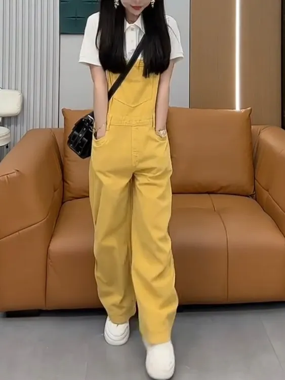 女森说春季新款糖果色洋气减龄牛仔背带裤大码女装微胖遮胯显瘦