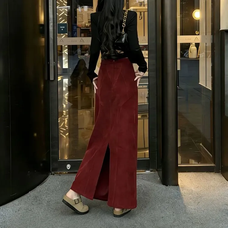 【港岛暮色】秋冬高腰显瘦气质复古后开叉灯芯绒半身裙