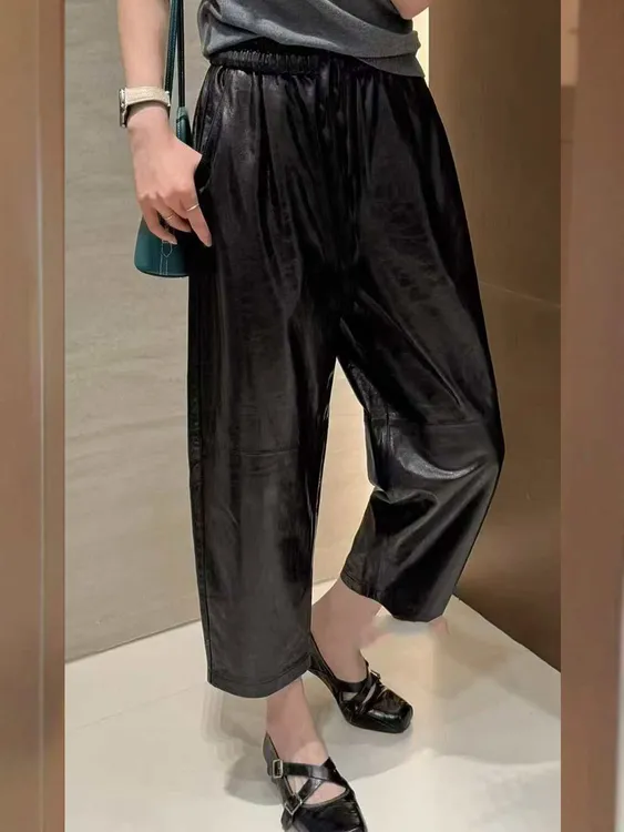 九分全植鞣羊皮直筒皮裤女2025新款百搭直筒八分阔腿裤时髦洋气黑