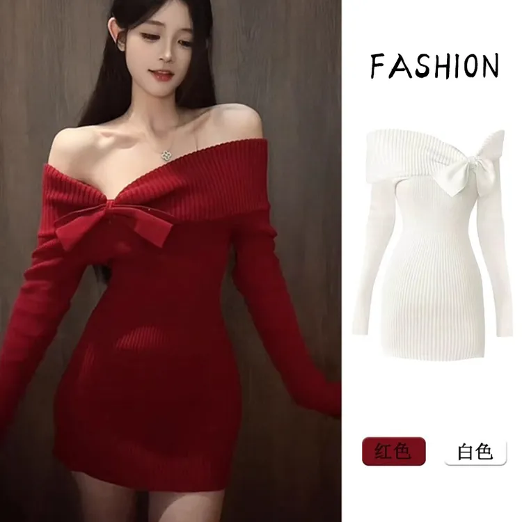 一字肩白色针织连衣裙子女秋冬季2025新款新年穿搭红色战袍包臀裙