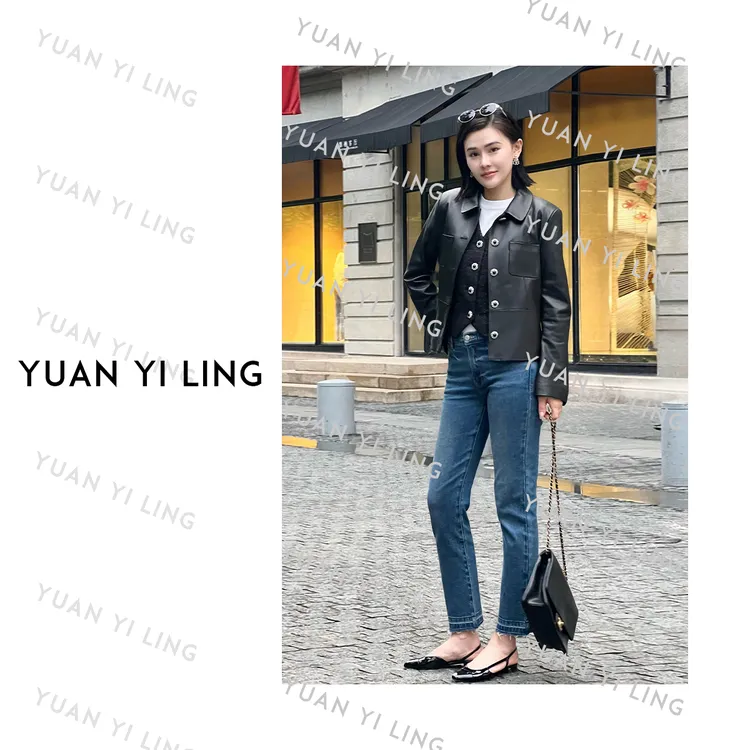 袁艺灵【COCO秀款】25秋季翻领羊皮收腰排扣高级感黑色皮衣外套5058