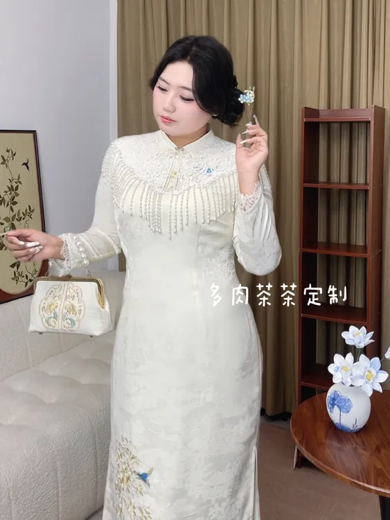 码加加51863胖MM新中式国风改良提花旗袍+云间套装