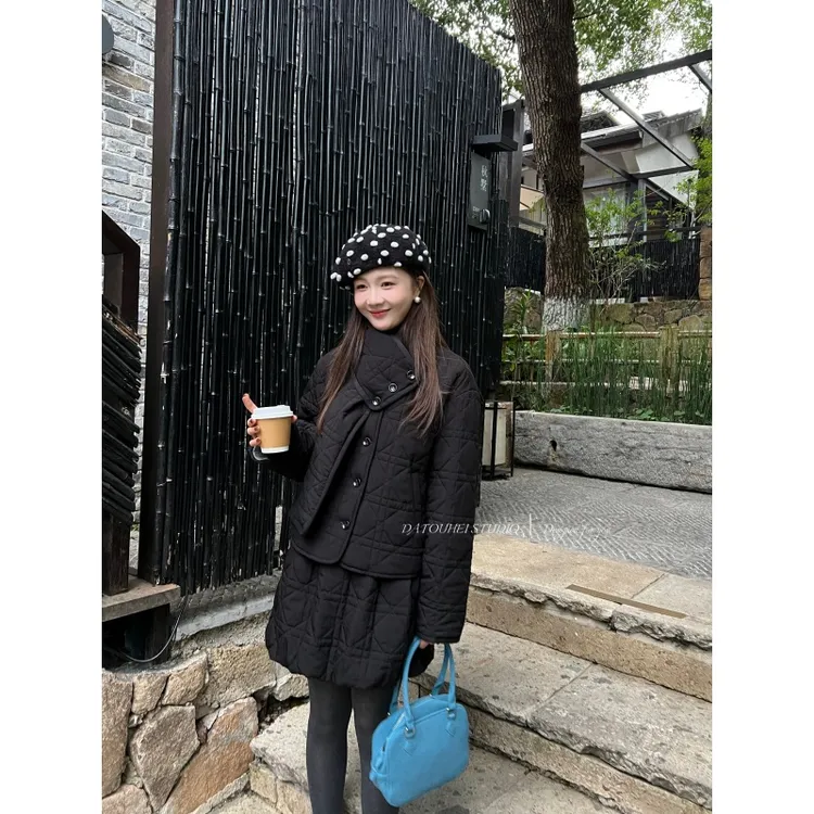 【DATOUHEI 秋冬新品】“切格棉服"百搭棉服韩版半裙套装D225A17269