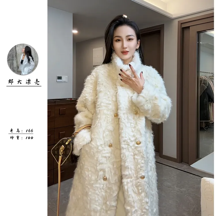 【郡大漂亮专属】新款小立领长款女宽松型时尚毛毛外套千金感大衣